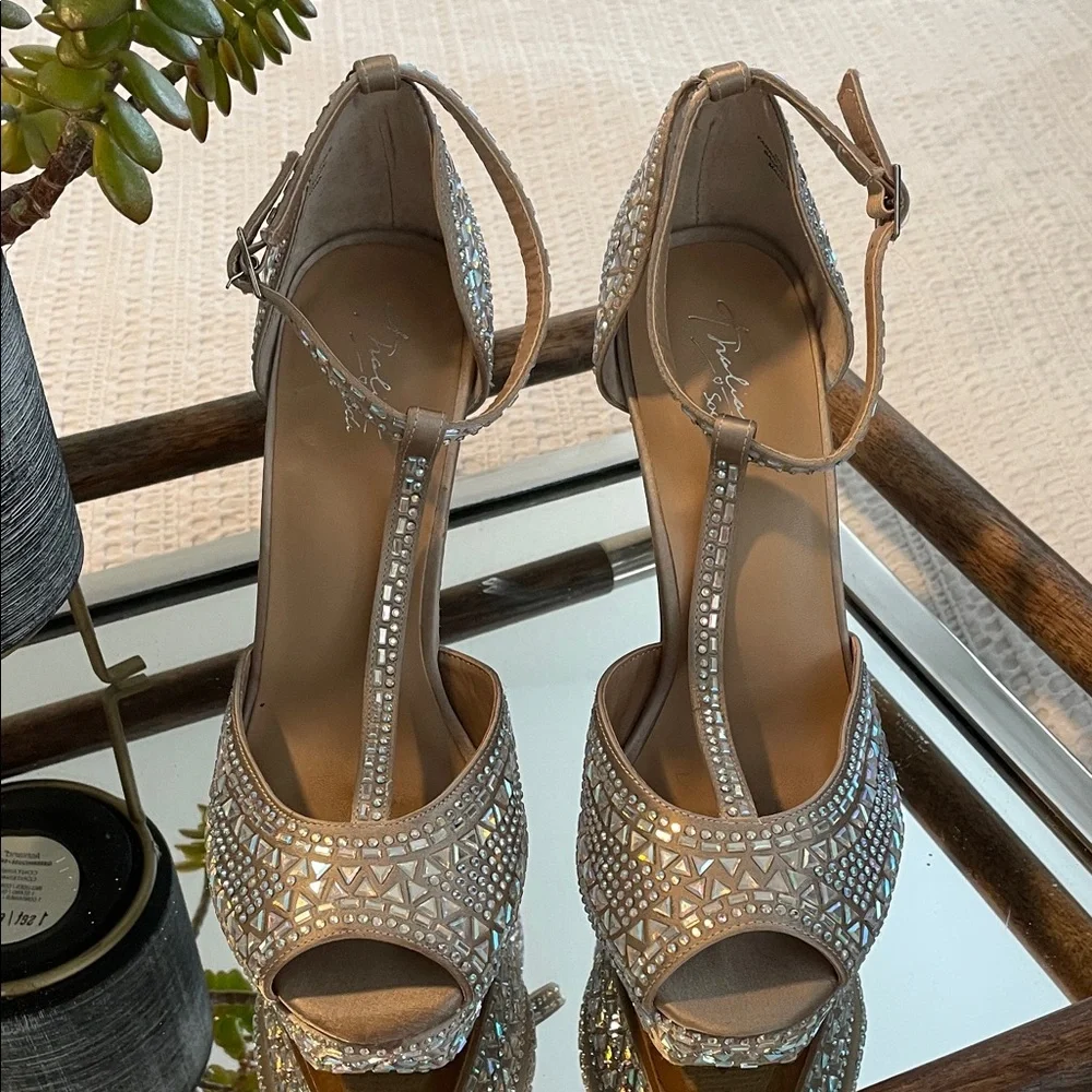 Thalia Sodi Nude Crystal Embellished Platform Heels - Picture 2 of 6
